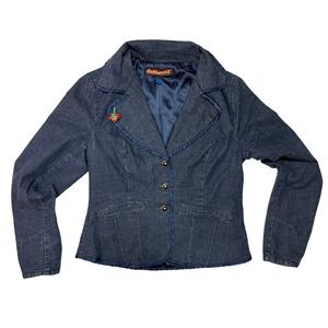Vintage 00s Y2K Dollhouse Denim Blazer Jacket L Fitted Indie Cherry Detail